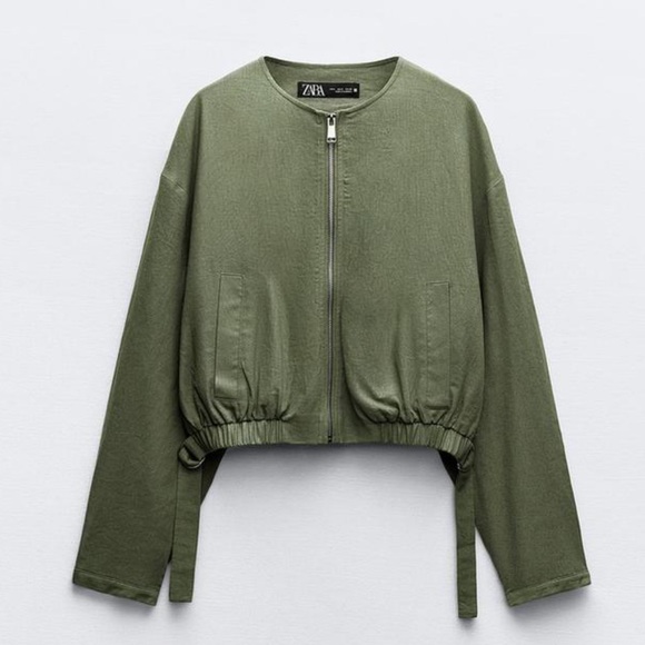 ZARA CROPPED LINEN BLEND BOMBER JACKET Size Small oversized NWT - Picture 4 of 6